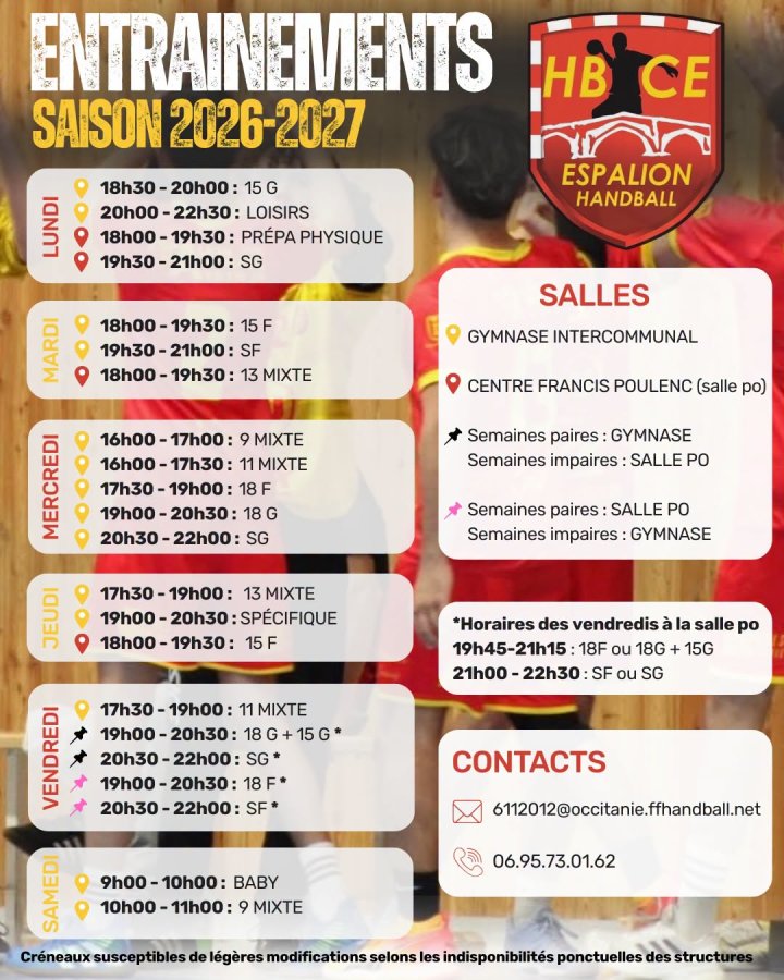 Créneaux entrainements 2026-2027